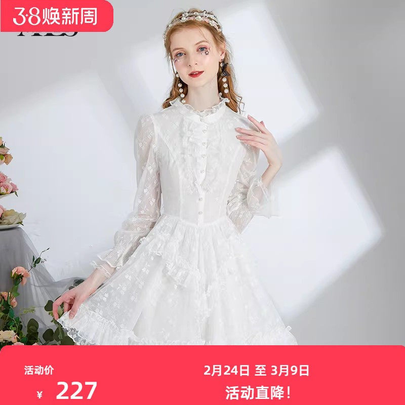 艾丽丝2026春季新款甜美公主风短款裙子半高领荷叶边显身材连衣裙