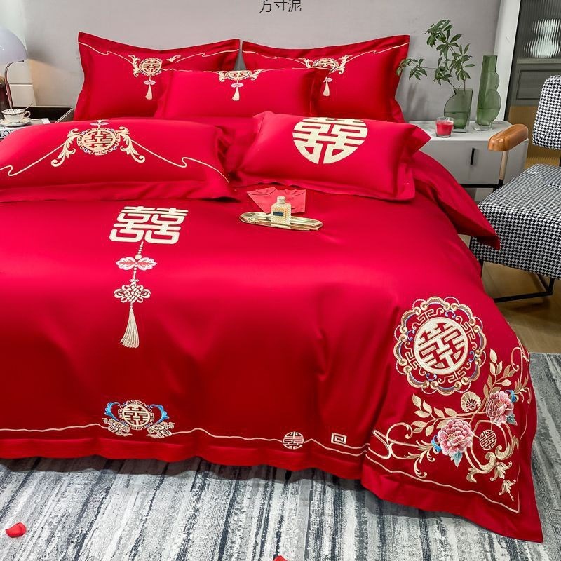 婚庆四件套大红色结婚陪嫁中式喜庆新婚房喜被套件床上用品厂