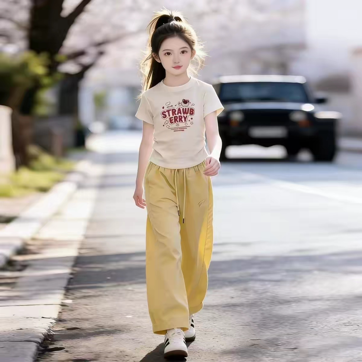 女童夏款套装2026新款洋气速干阔腿裤中大童防蚊裤休闲运动两件套