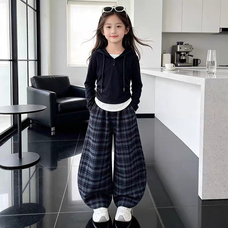 女童套装2026秋季新款连帽打底衫洋气格子裤显瘦百搭款弯刀裤春秋
