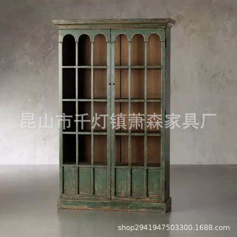 美式实木书柜北欧复古边柜双门餐边柜橡木酒柜储物柜法式乡村家具