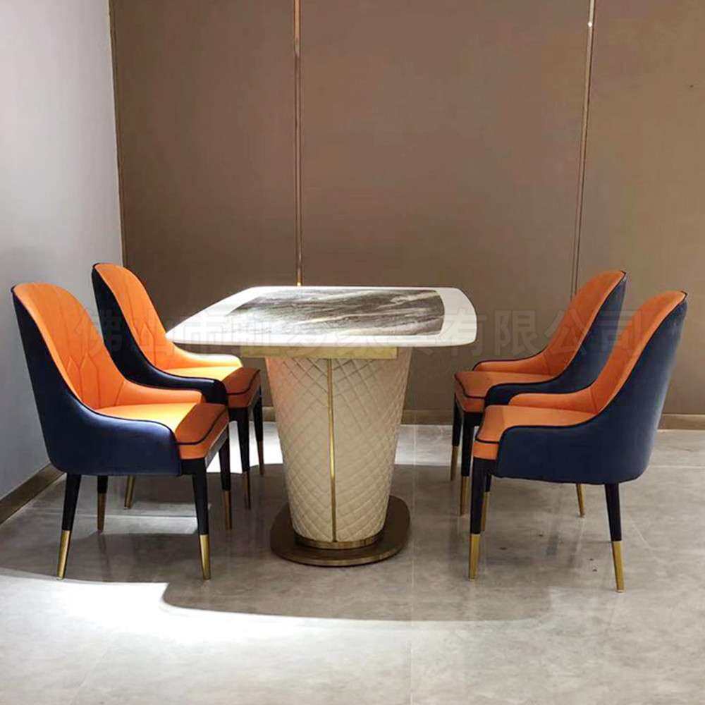 样板房轻奢扪皮餐桌椅配套酒店家具厂家 后现代大理石镀金桌椅