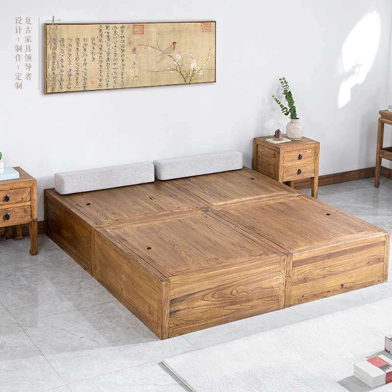 老榆木床旧木板门板原木家具榻榻米卯榫床实木中式木床双人床