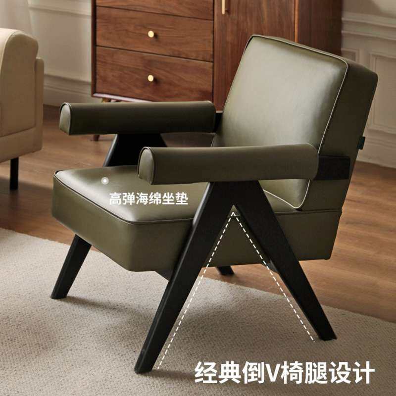 北欧设计师沙发椅实木皮布单人沙发椅复古阳台昌迪加尔酒店休闲椅