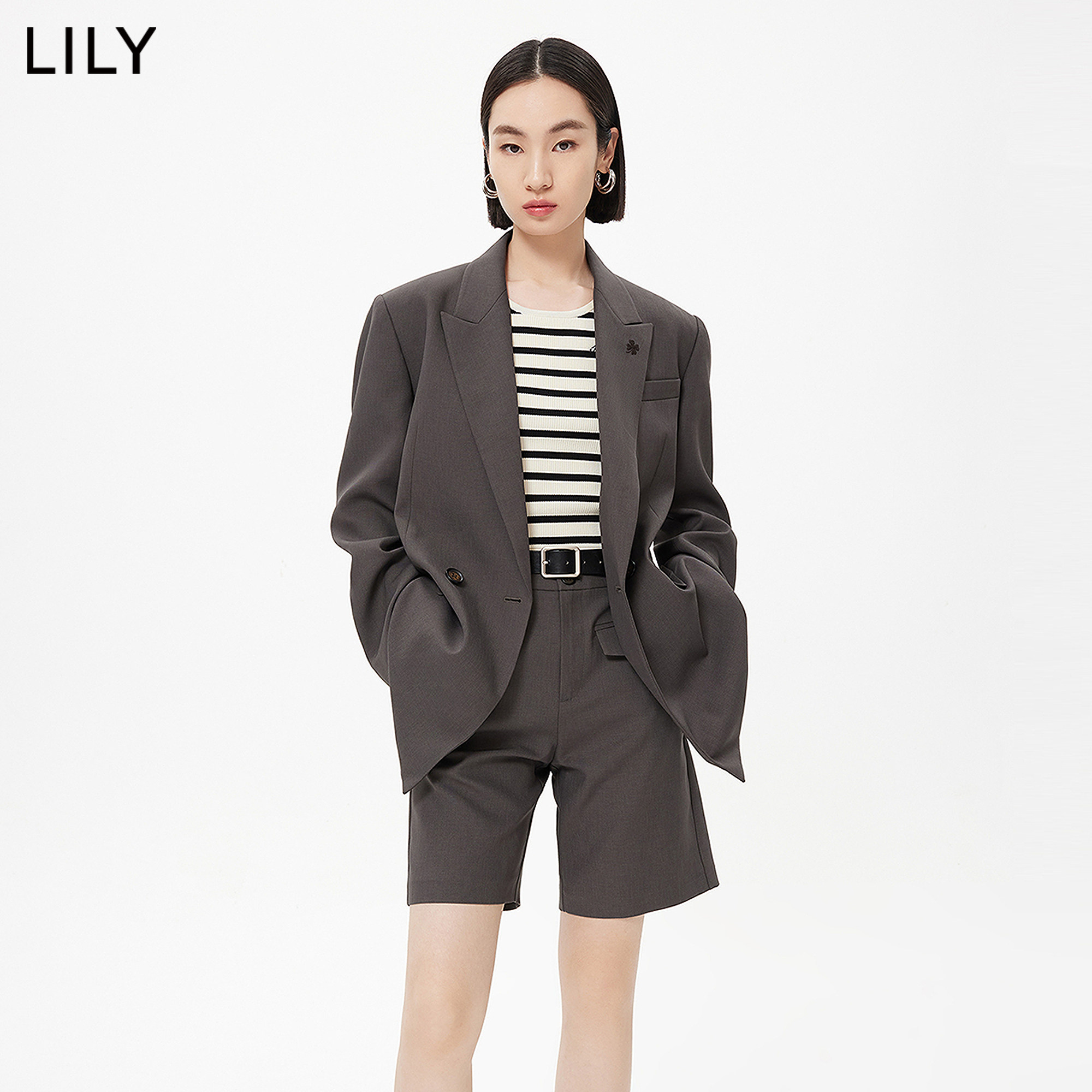 LILY2026春新款格雷系简约宽松休闲深灰色气质职业通勤西装外套女