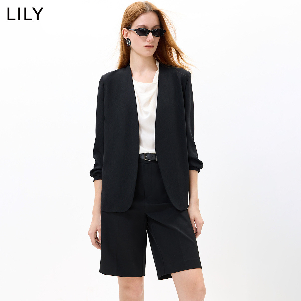 LILY2026秋新款女装醋酸混纺简约松弛感宽松休闲通勤无领西装外套