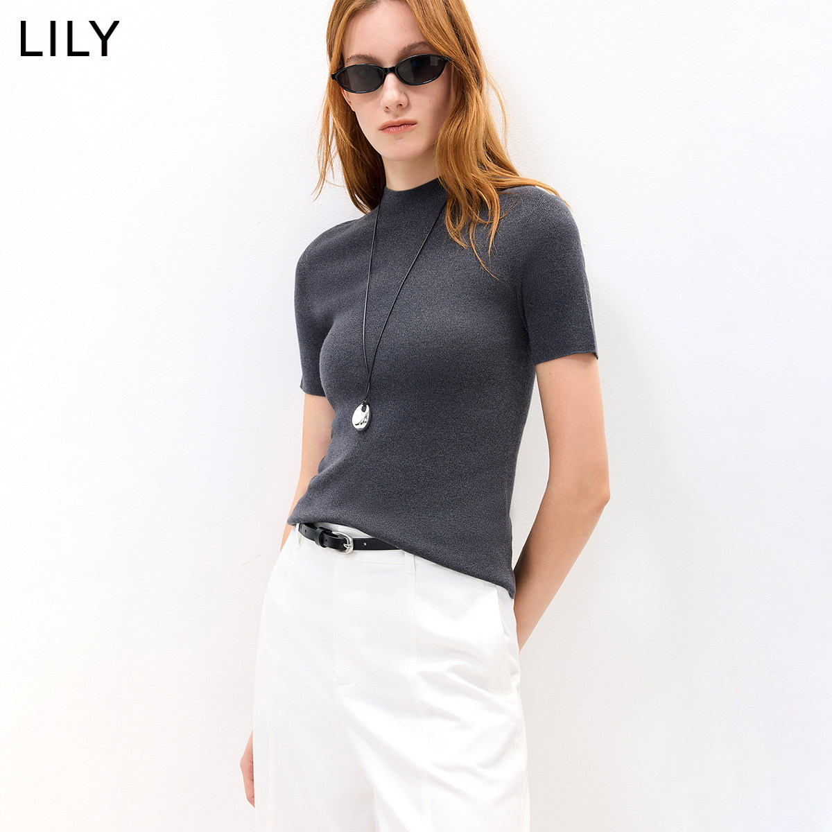 LILY2026秋新款女装含羊毛简约半高领修身休闲通勤套头短袖针织衫