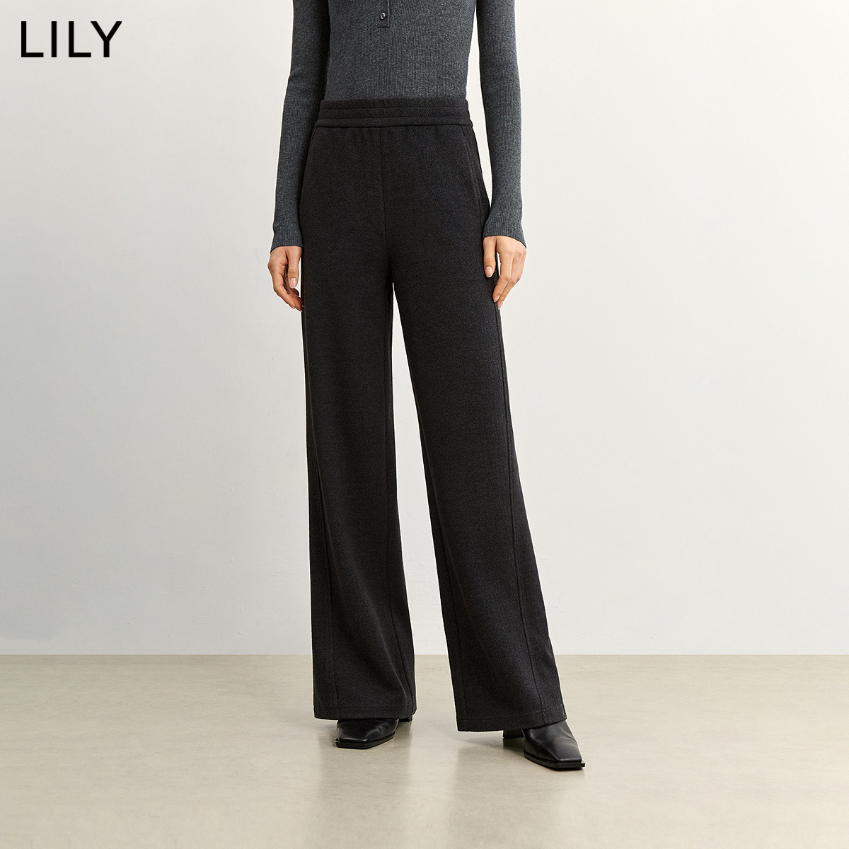 LILY2026冬新款女装复古松弛感简约宽松百搭通勤深色直筒裤休闲裤