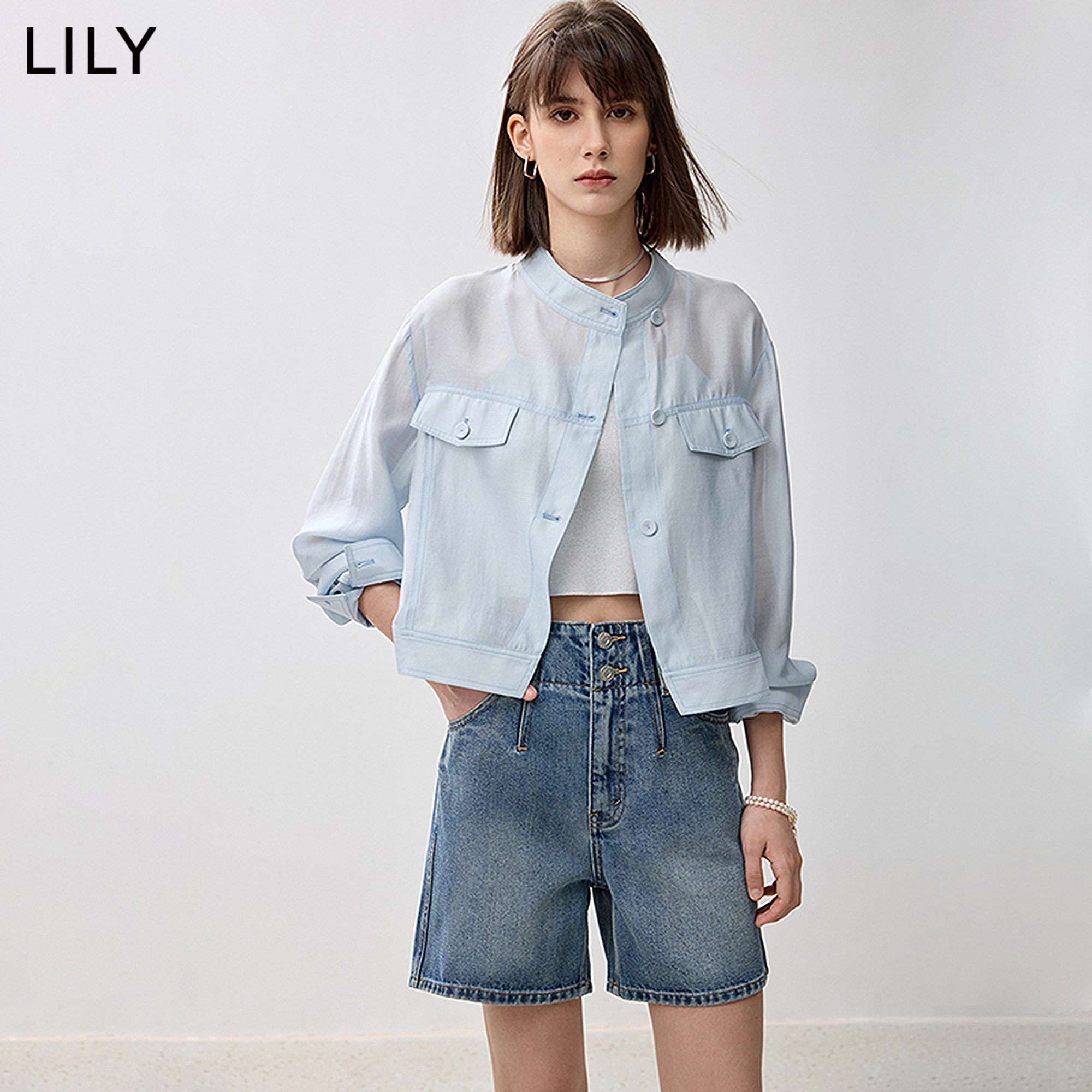 LILY2026夏新款女装莫代尔醋酸混纺工装休闲气质通勤蓝色外套短款
