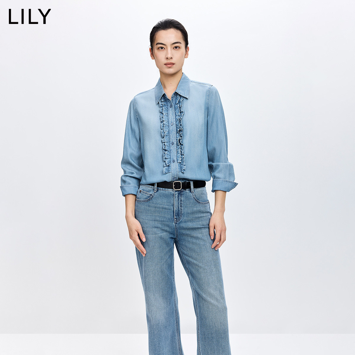 LILY2026春新款莱赛尔醋酸混纺法式荷叶边水洗气质通勤牛仔衬衫女
