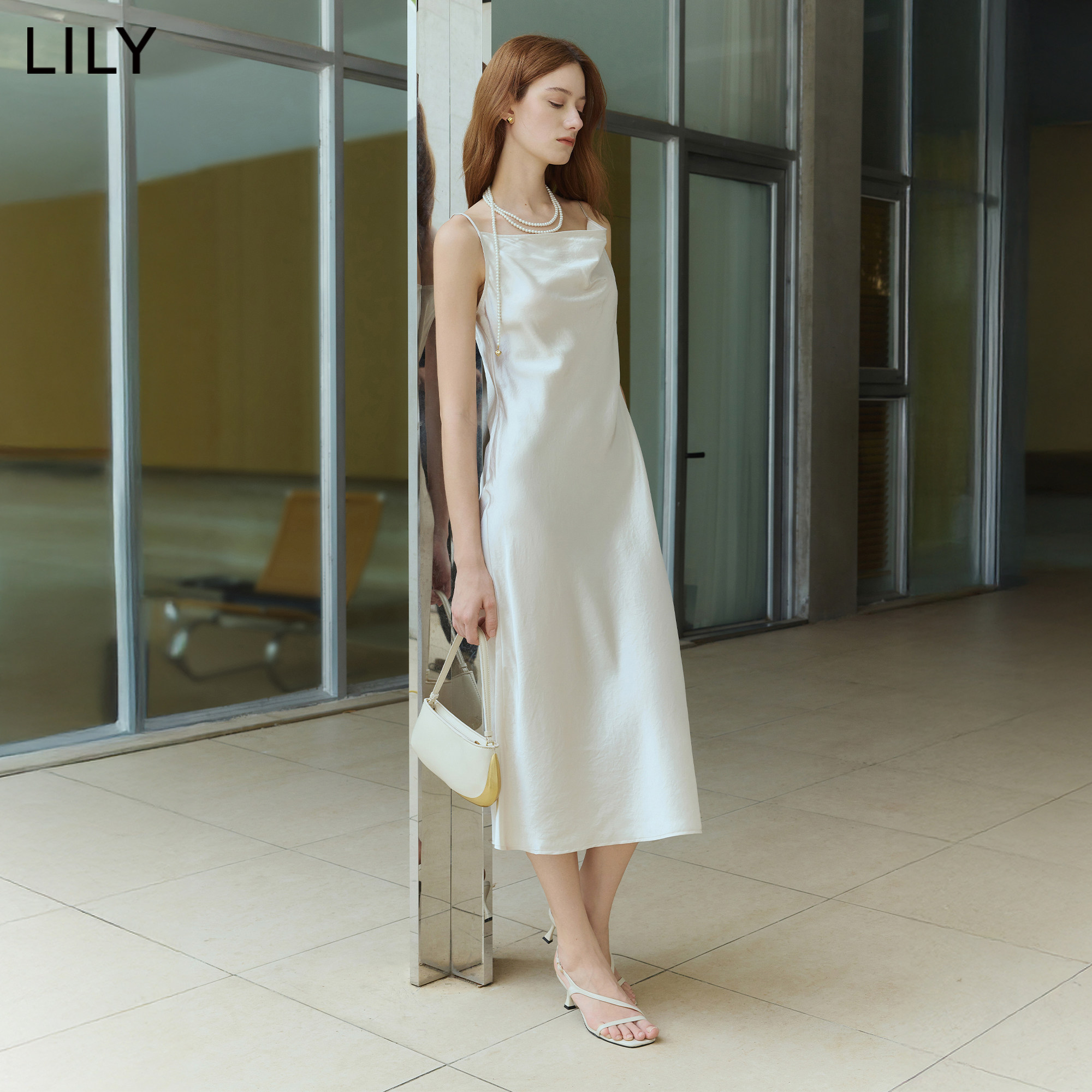 100%醋酸LILY2026夏新款女装法式荡领垂感收腰气质通勤吊带连衣裙