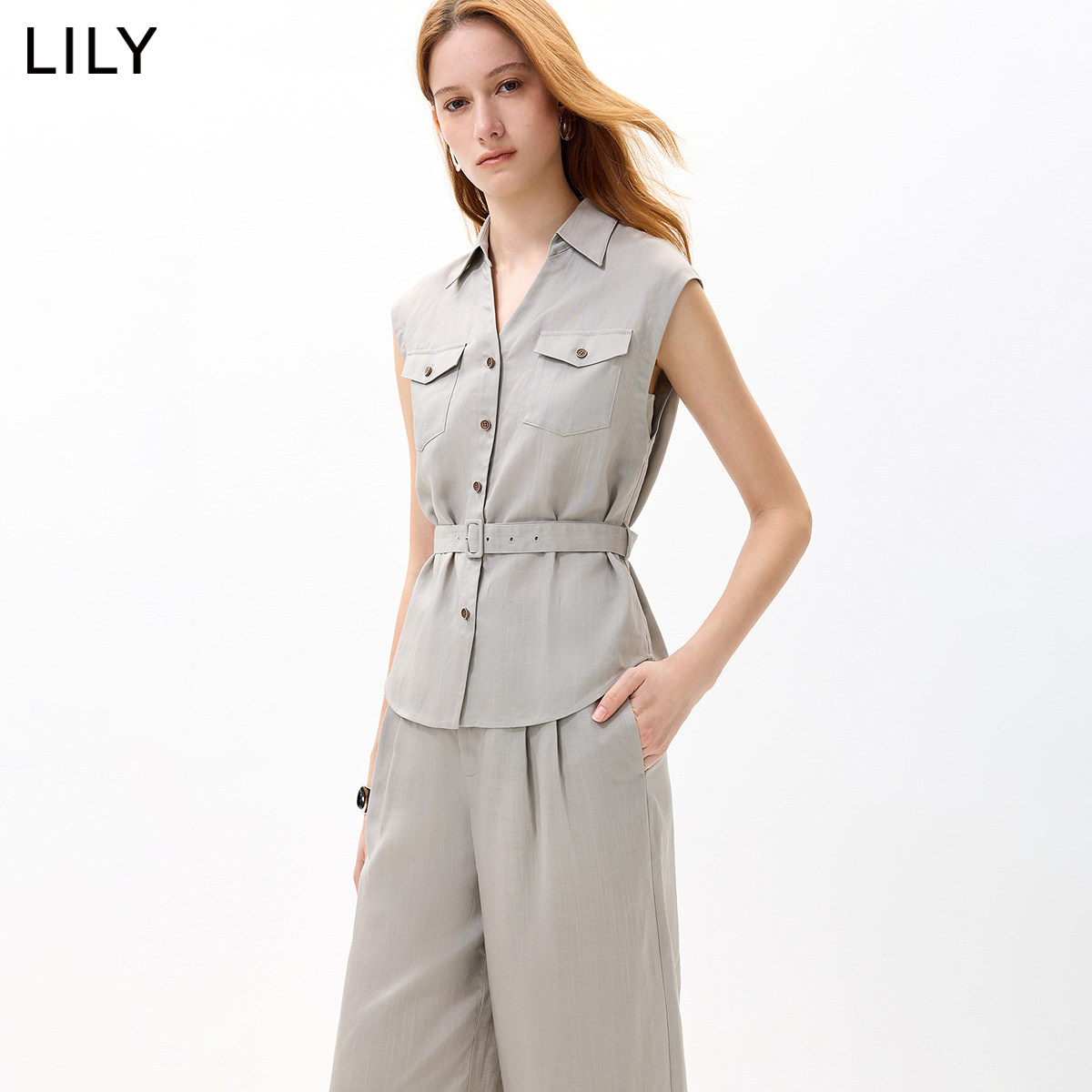 LILY2026夏新款女装莱赛尔亚麻混纺格雷系剪刀领收腰灰色无袖衬衫