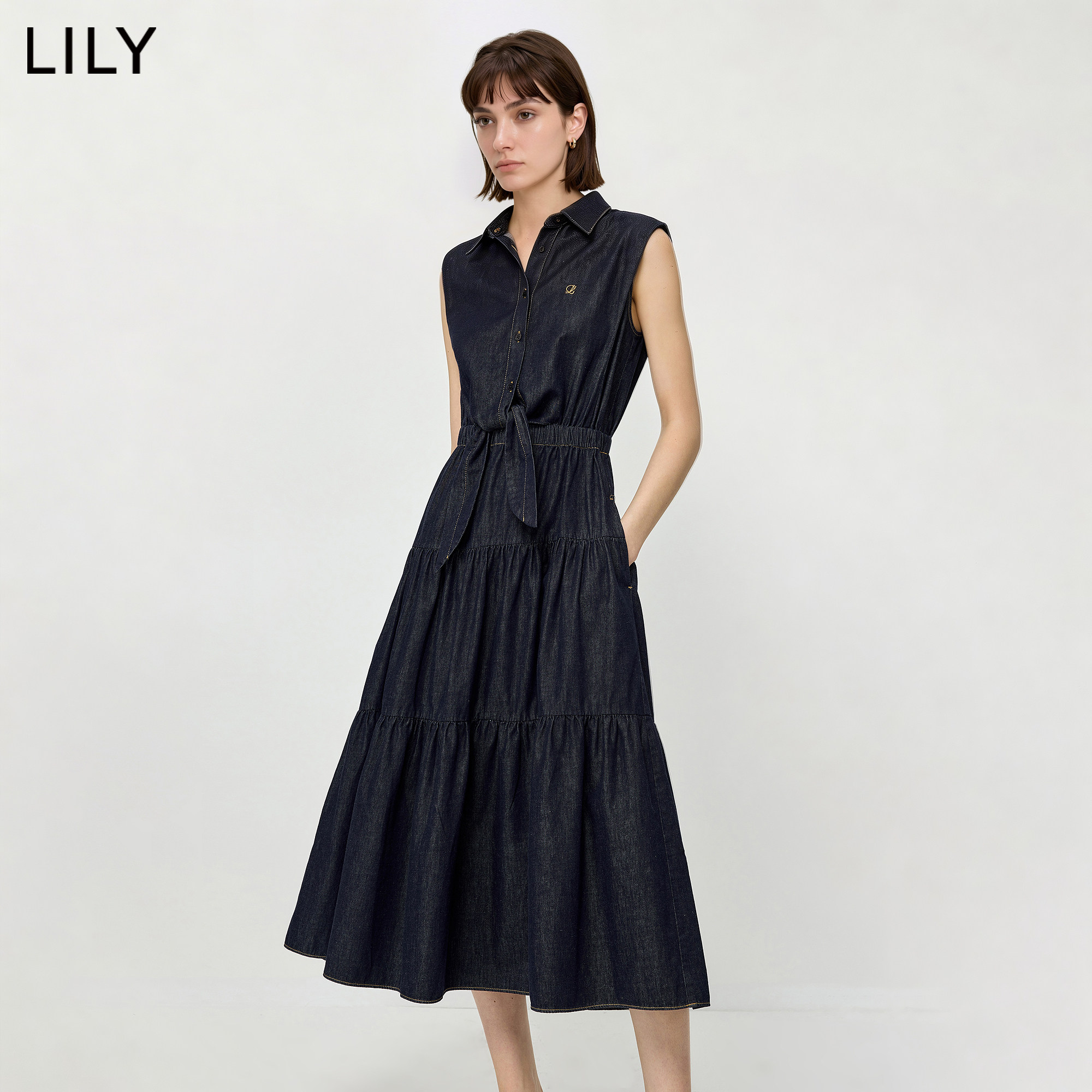 LILY2026夏新款女装含桑蚕丝亚麻复古老钱风纽结无袖连衣裙蛋糕裙