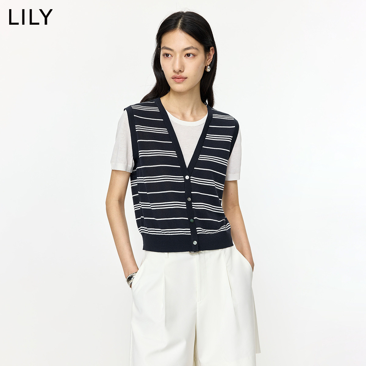 LILY夏新款莱赛尔亚麻假两件针织