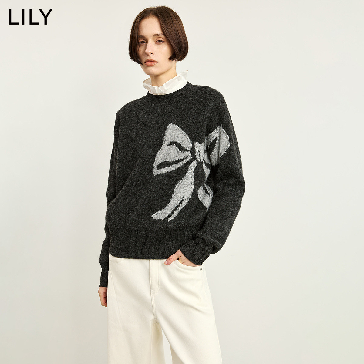 LILY2026冬新款女装格雷系撞色蝴蝶结提花宽松长袖套头针织衫毛衣