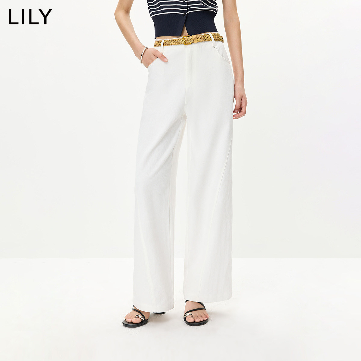LILY2026夏新款棉麻混纺简约随性宽松通勤百搭纯色直筒裤休闲裤女