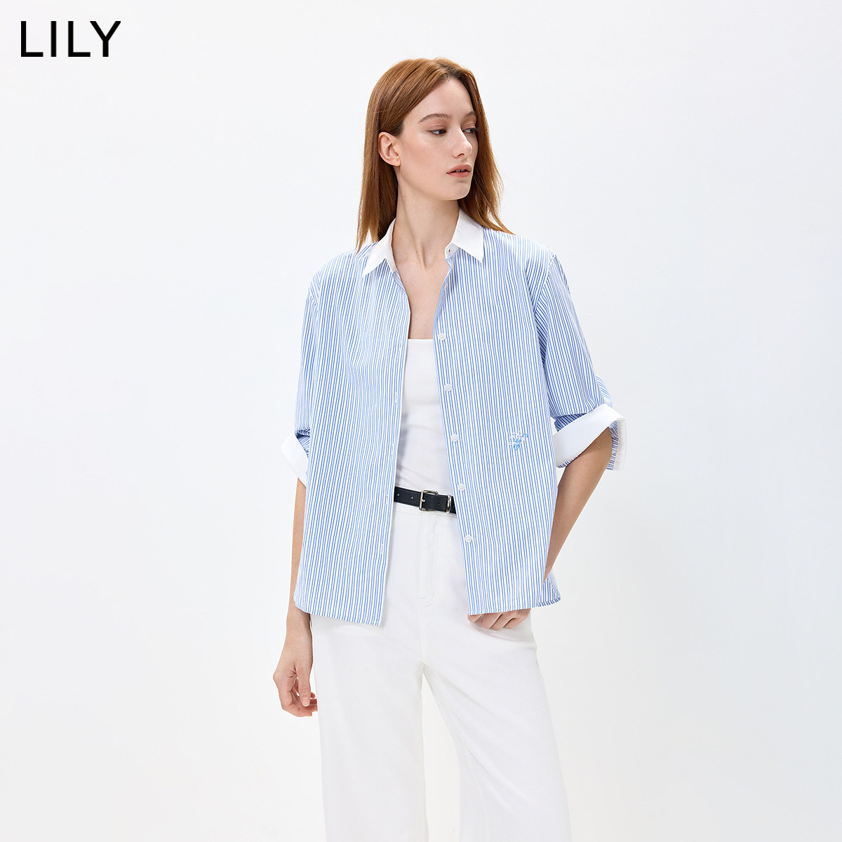 LILY2026秋新款简约翻领撞色竖条纹宽松休闲通勤七分袖衬衫外套女