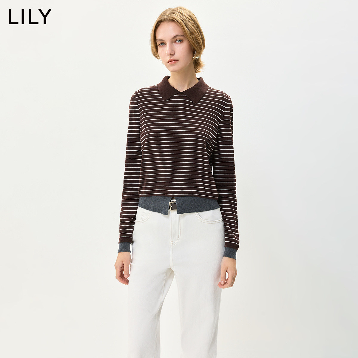 LILY2026秋新款羊毛混纺复古假两件翻领通勤撞色条纹针织衫毛衣女