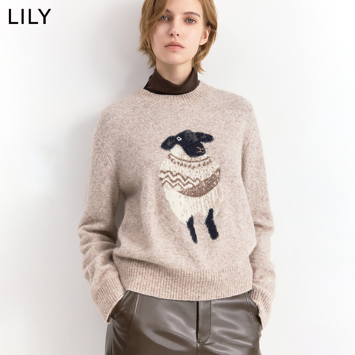 LILY2026冬新款羊毛混纺复古费尔岛小羊嵌花圆领套头针织衫毛衣女