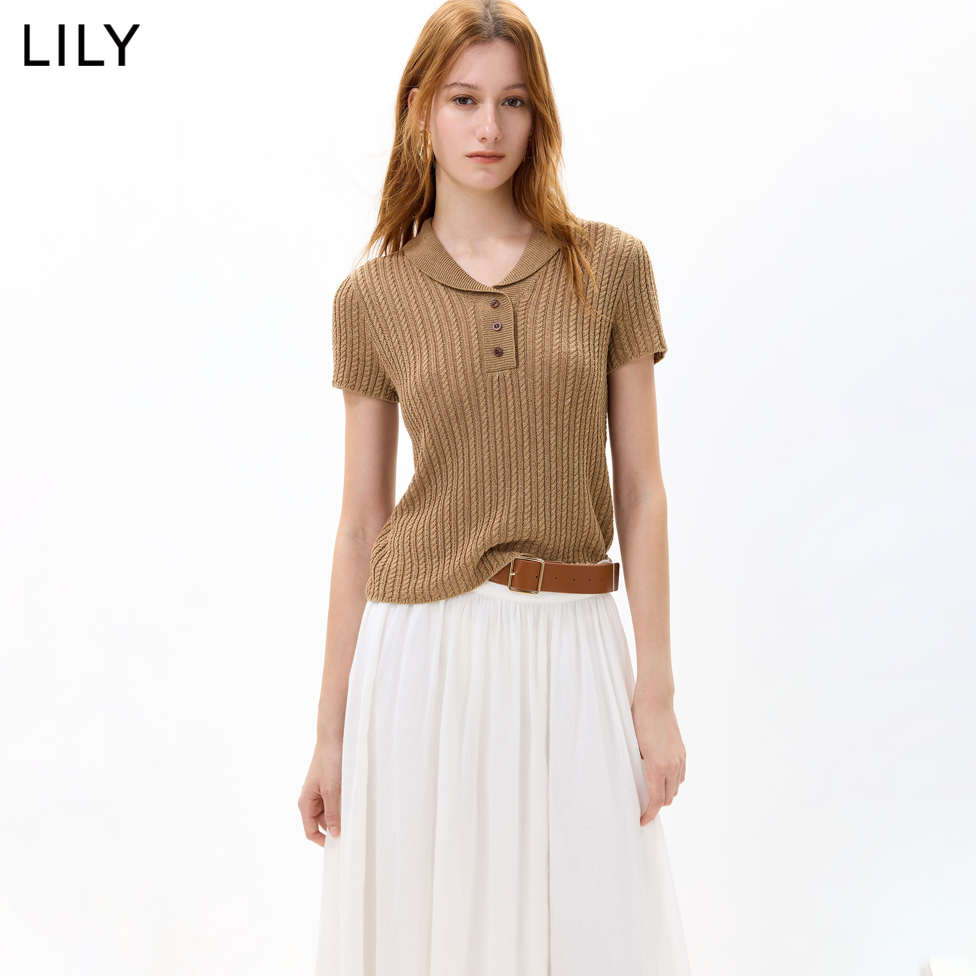 LILY2026秋新款女装莱赛尔亚麻混纺小翻领V领简约修身短袖针织衫