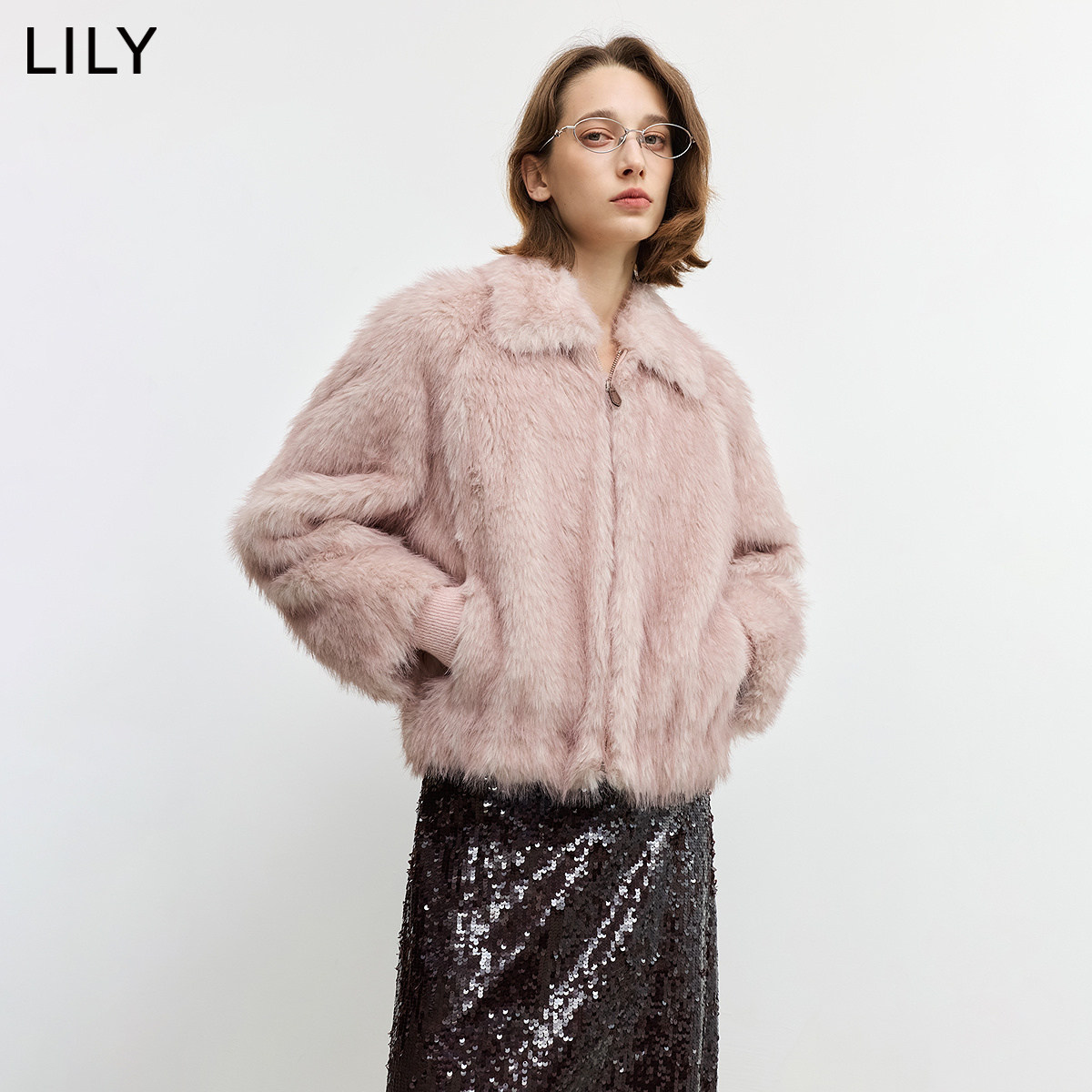 LILY冬新款女装毛绒仿皮草外套