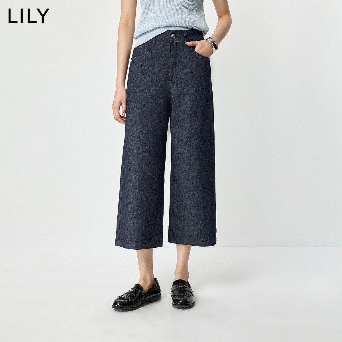 LILY2026夏新款女装含醋酸复古宽松休闲通勤靛蓝七分直筒裤牛仔裤