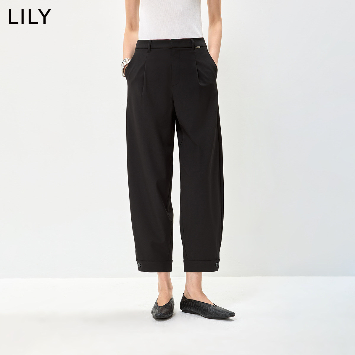 LILY2026秋新款复古简约显瘦休闲通勤百搭黑色九分裤哈伦裤女长裤