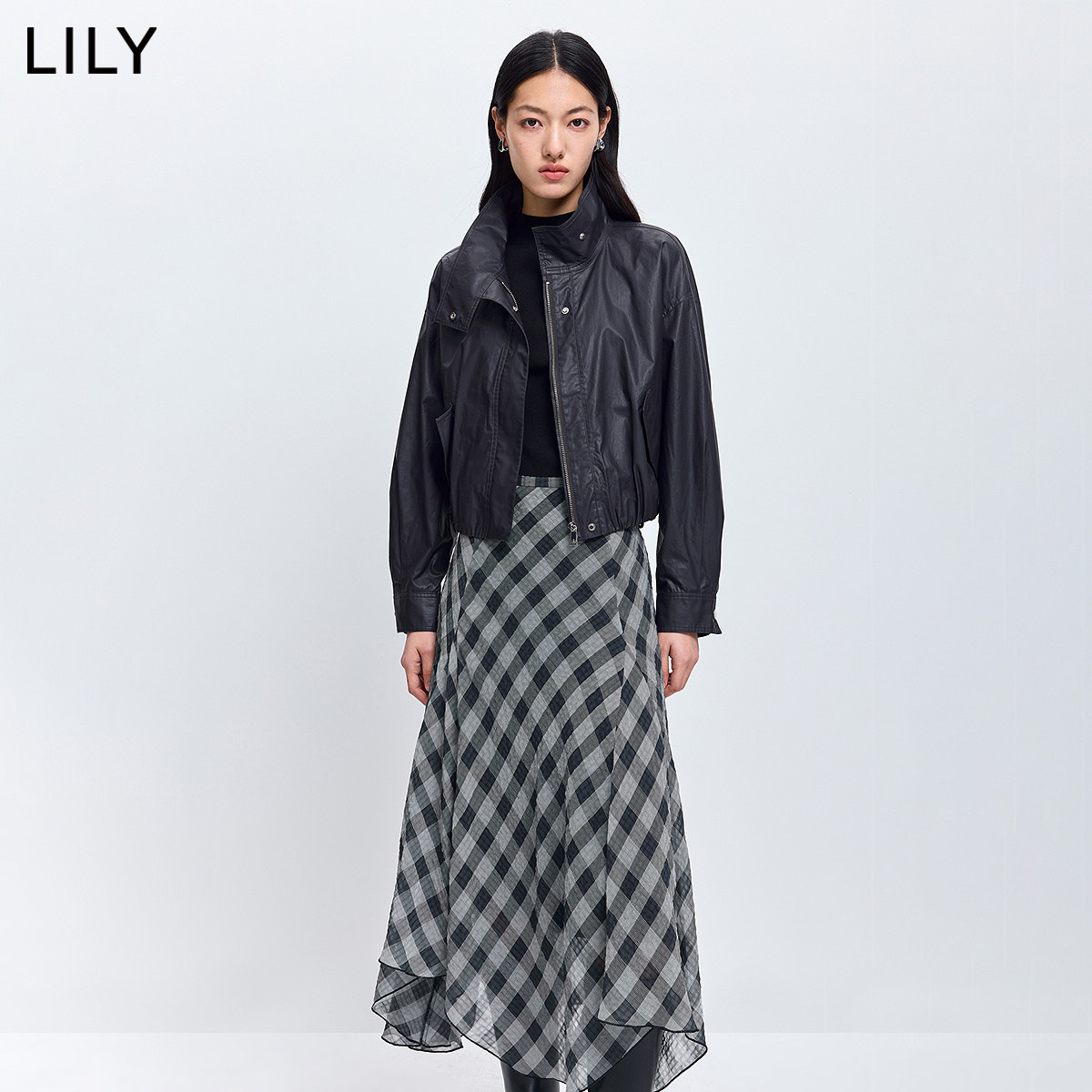 LILY2026春新款纯棉复古立领落肩帅气休闲通勤机车夹克外套女短款