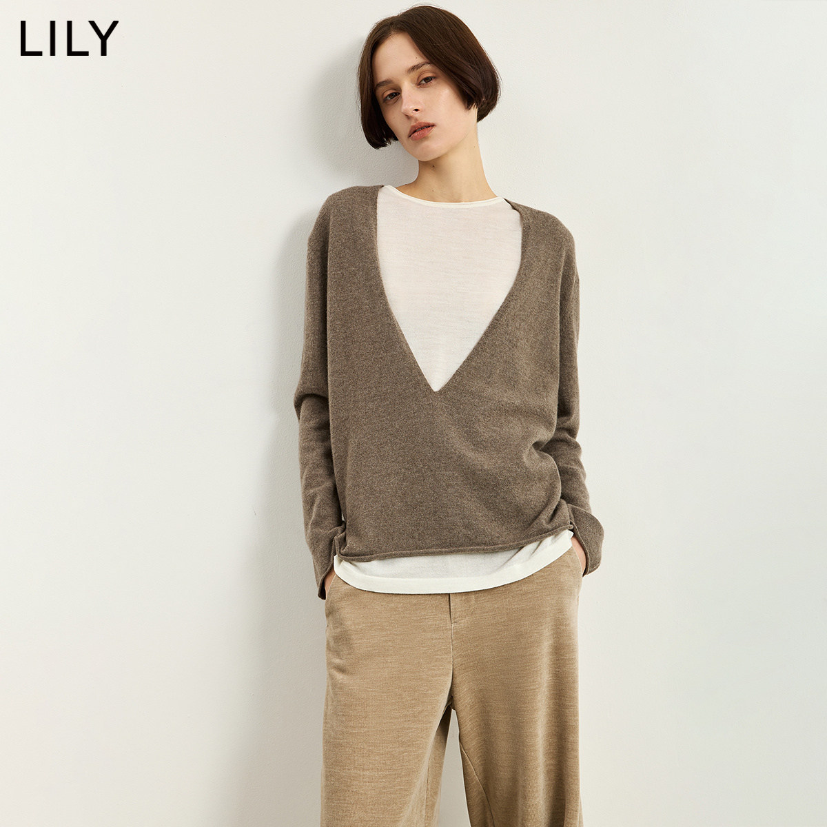 100%羊毛LILY2026冬新款复古假两件宽松通勤长袖套头针织衫毛衣女