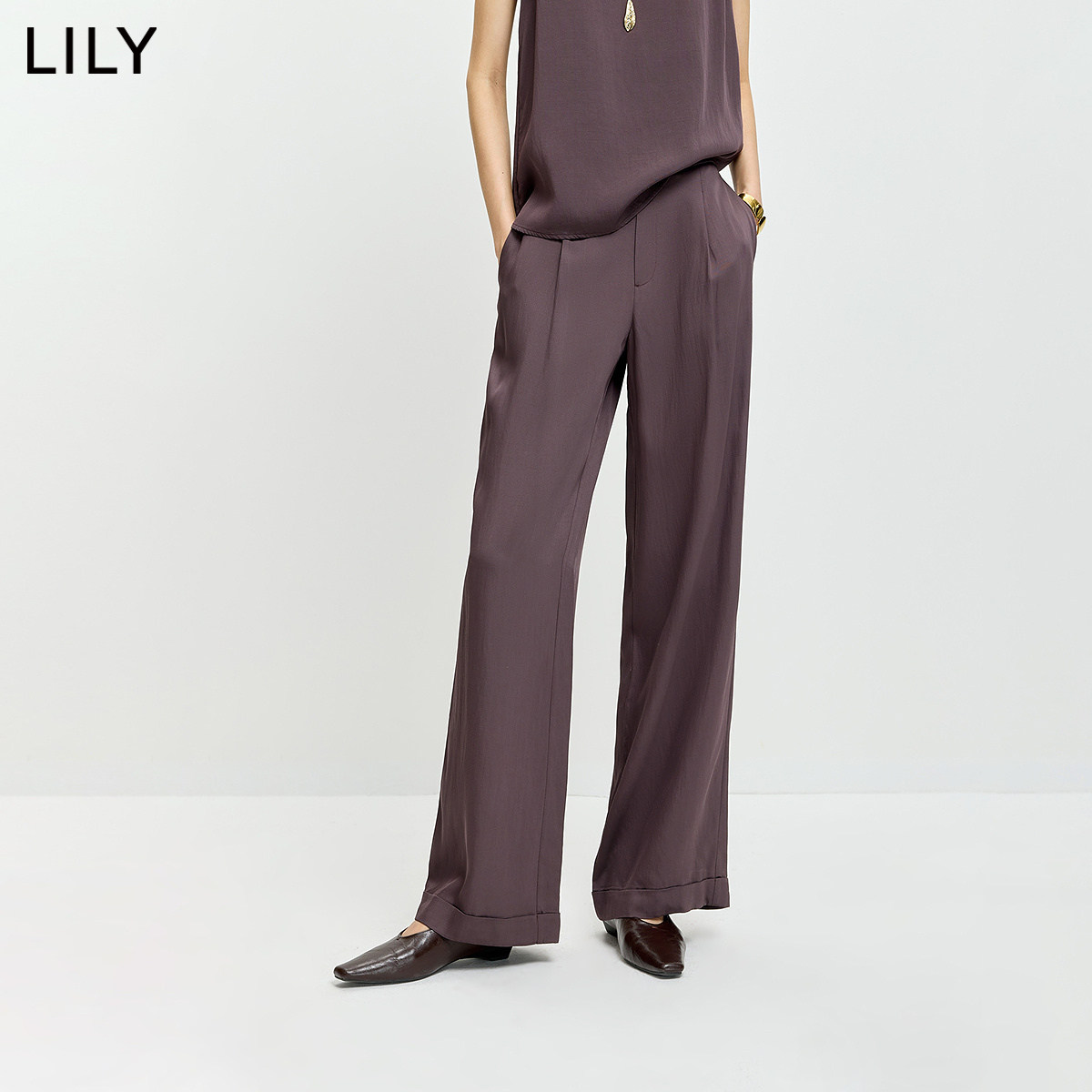 LILY2026夏新款女装含莱赛尔羊毛复古垂感通勤无花果色直筒裤西裤
