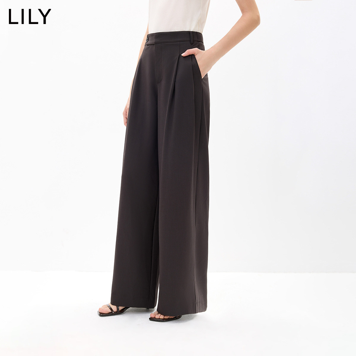 LILY2026秋新款女装复古轻商务宽松通勤垂感百搭深色阔腿裤休闲裤