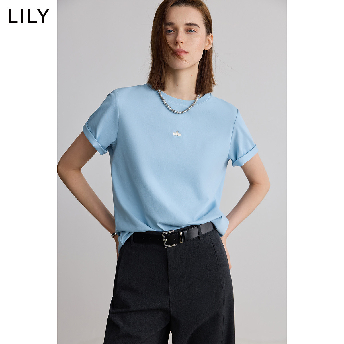 LILY秋新通勤弹力蓝色短袖T恤女