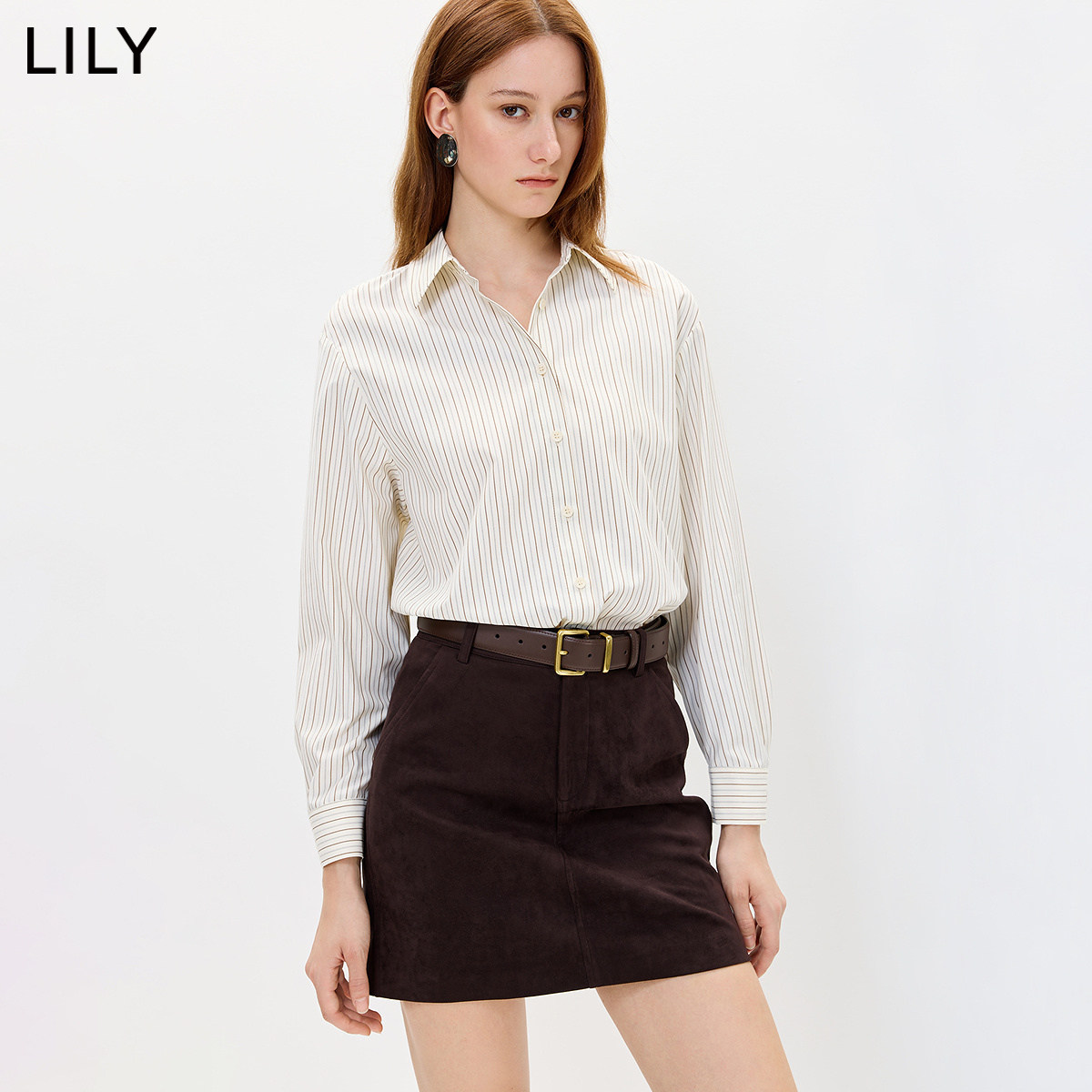 LILY2026秋新款简约松弛感老钱风撞色条纹休闲通勤长袖衬衫外套女