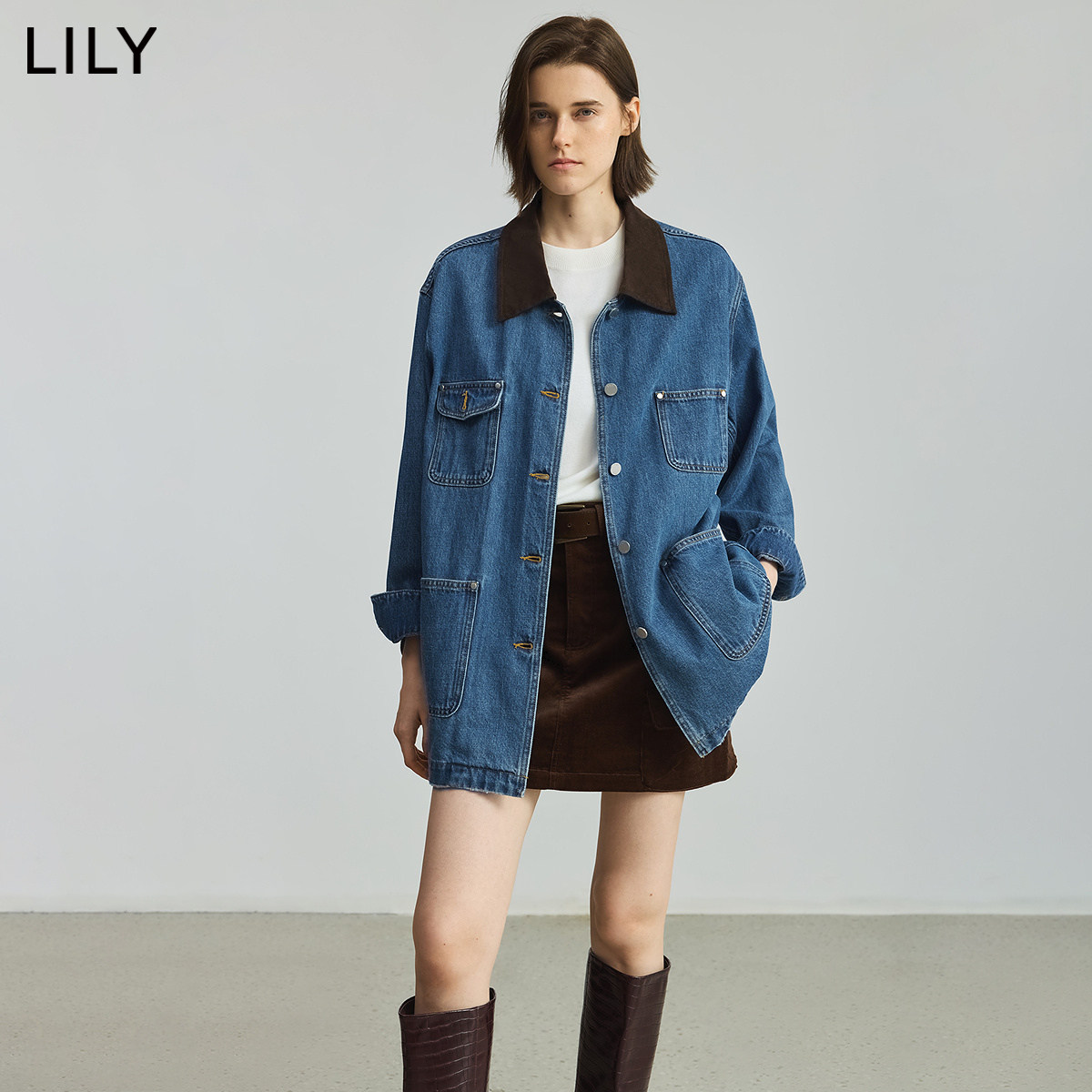LILY2026秋新款纯棉复古工装拼接翻领休闲通勤深色牛仔夹克外套女