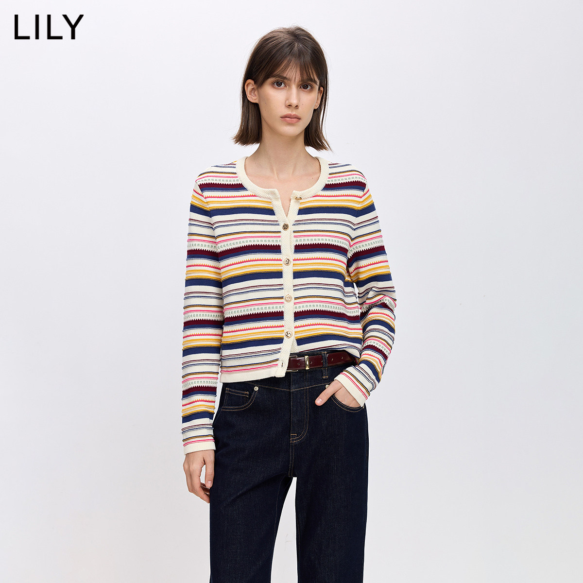 LILY2026春新款纯棉撞色彩色条纹休闲圆领正肩长袖针织开衫外套女