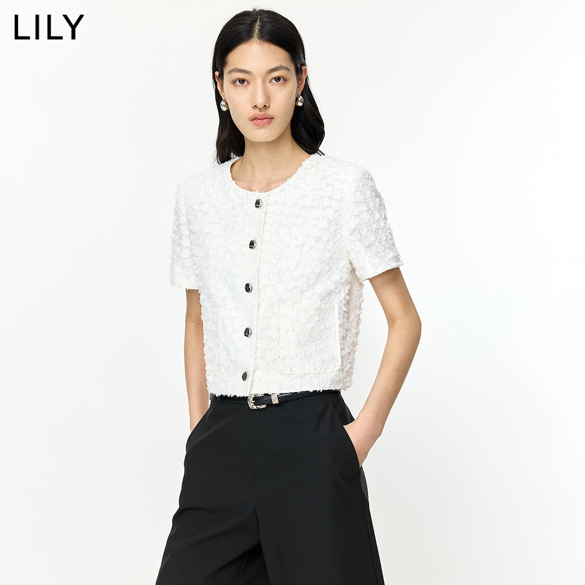 LILY2026夏新款女装含莱赛尔亚麻法式小香风圆领休闲白色短袖外套
