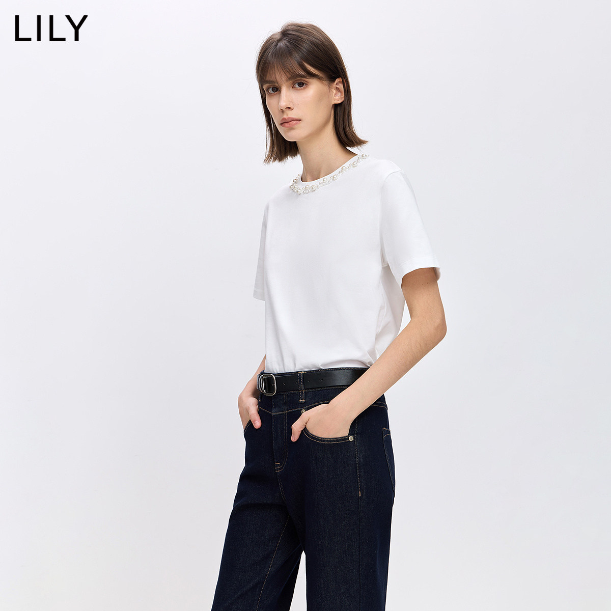 LILY2026夏新款女装纯棉简约钉珠圆领休闲通勤百搭米白色短袖T恤