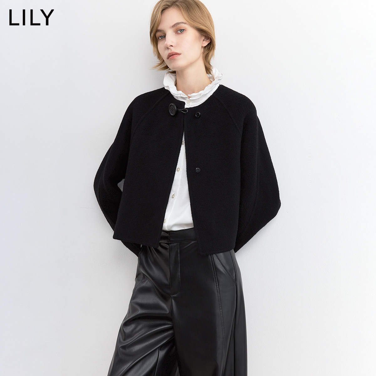 LILY2026冬新款女装羊毛混纺复古圆领宽松廓形休闲双面呢毛呢外套