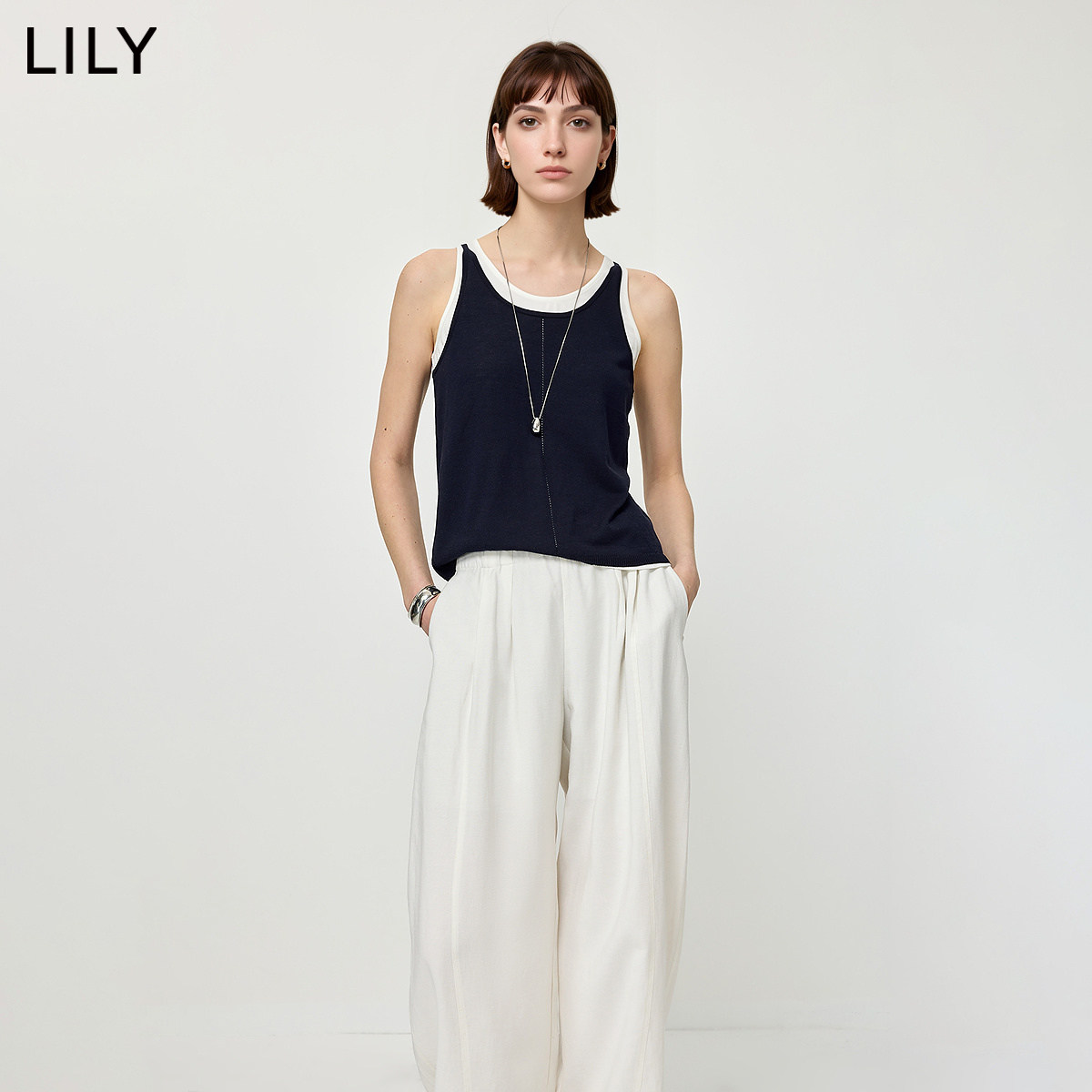 LILY2026夏新款莫代尔桑蚕丝混纺撞色拼接假两件吊带背心针织衫女