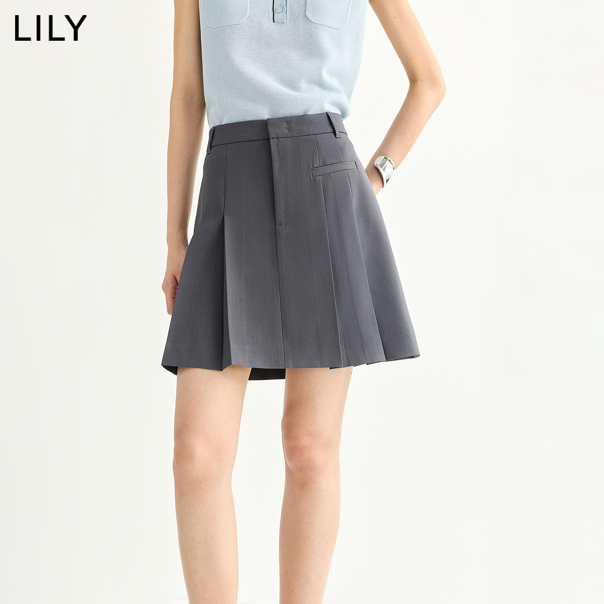 LILY2026夏新款女装格雷系简约休闲气质通勤灰色百褶裙A字半身裙