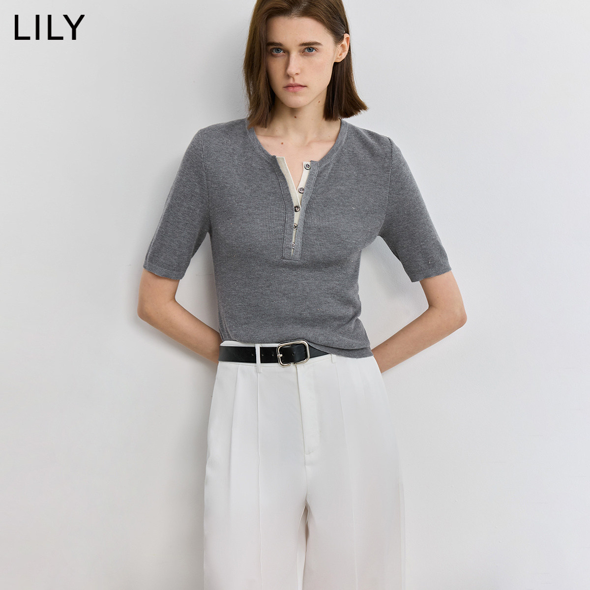 LILY2026秋新款格雷系学院风POLO领休闲通勤灰色短袖针织衫女短款
