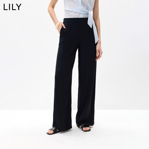 LILY2026秋新款复古简约垂感宽松休闲通勤藏青色直筒阔腿裤女长裤