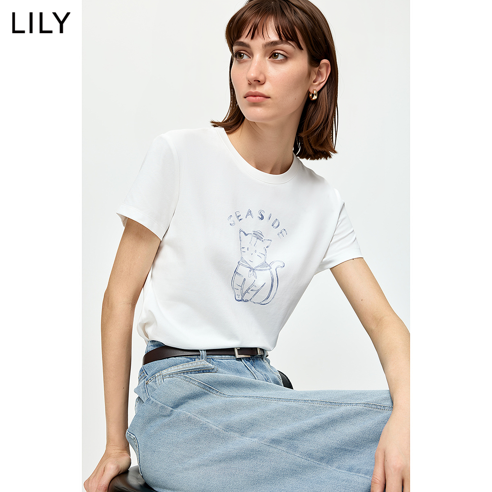 LILY夏季亮片小猫短袖T恤舒适