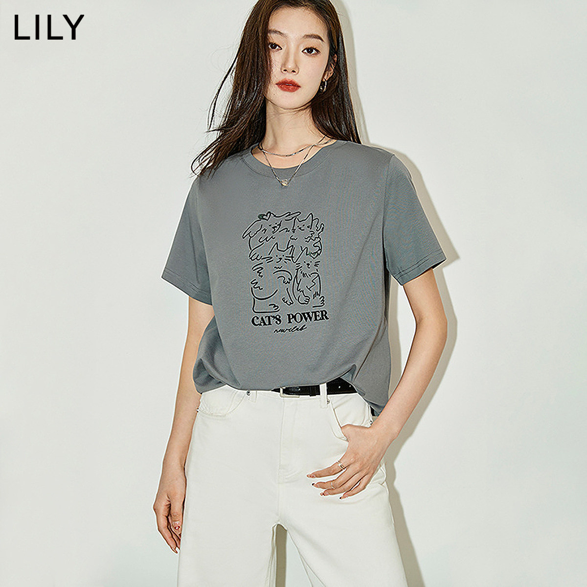 LILY夏季复古小猫宽松短袖T恤