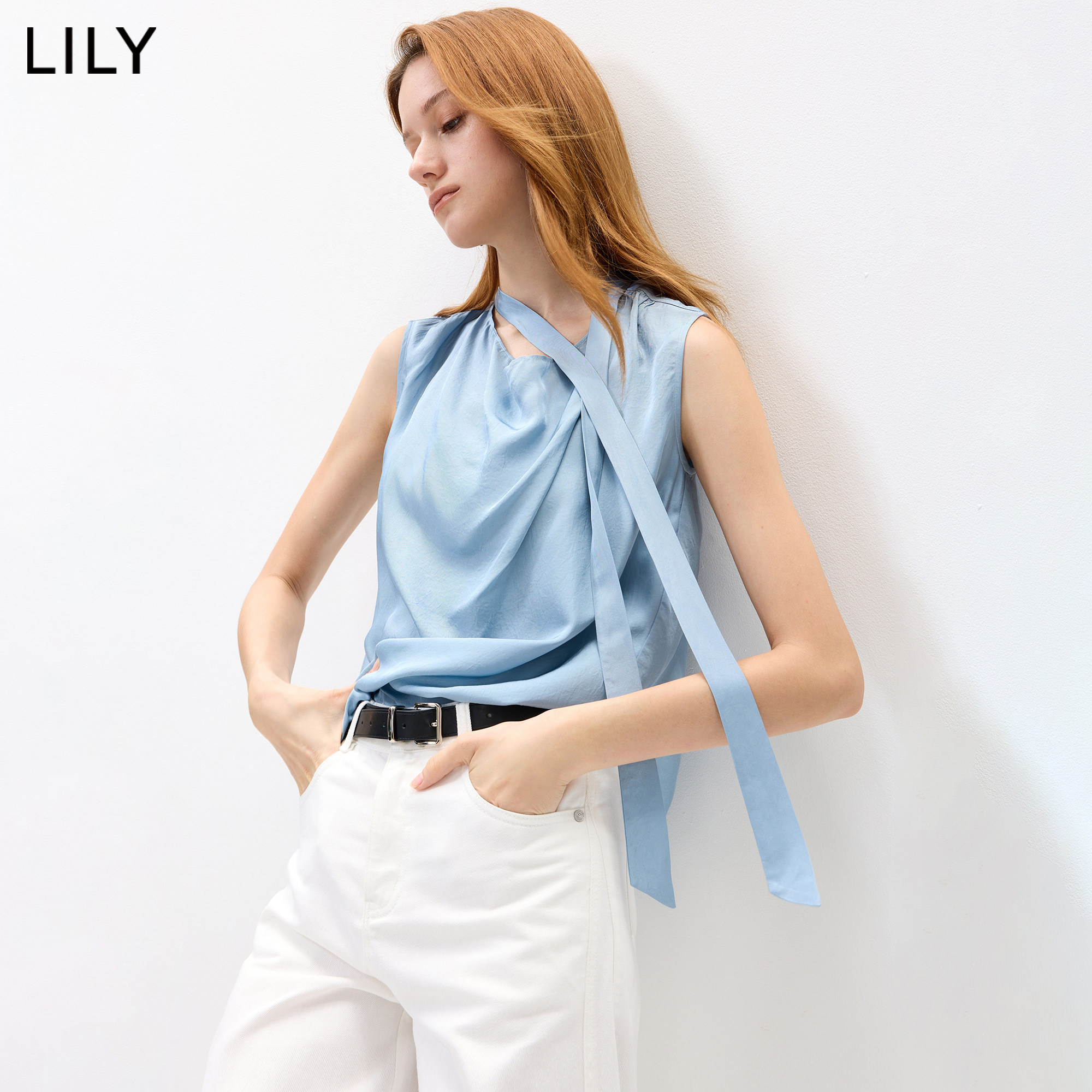 100%醋酸LILY2026夏新款女装老钱风飘带领荡领通勤无袖套头衫短款