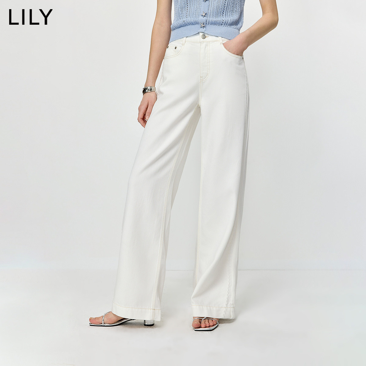 LILY夏新款白色阔腿牛仔裤女