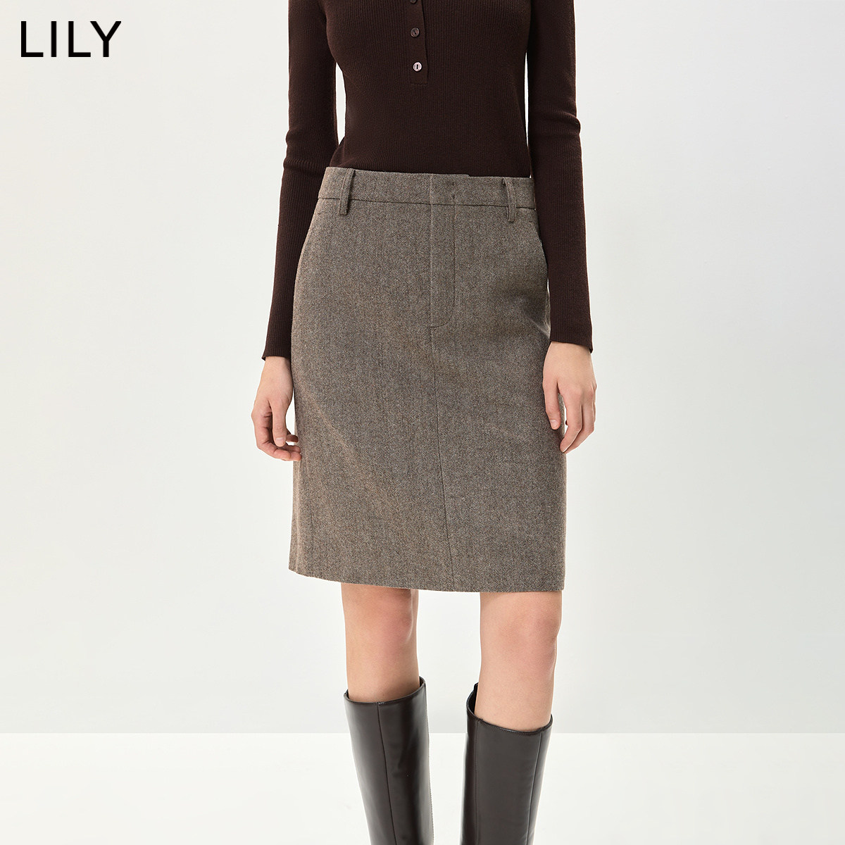 LILY2026秋新款羊毛混纺复古老钱风休闲轻商务通勤半身裙直筒裙女