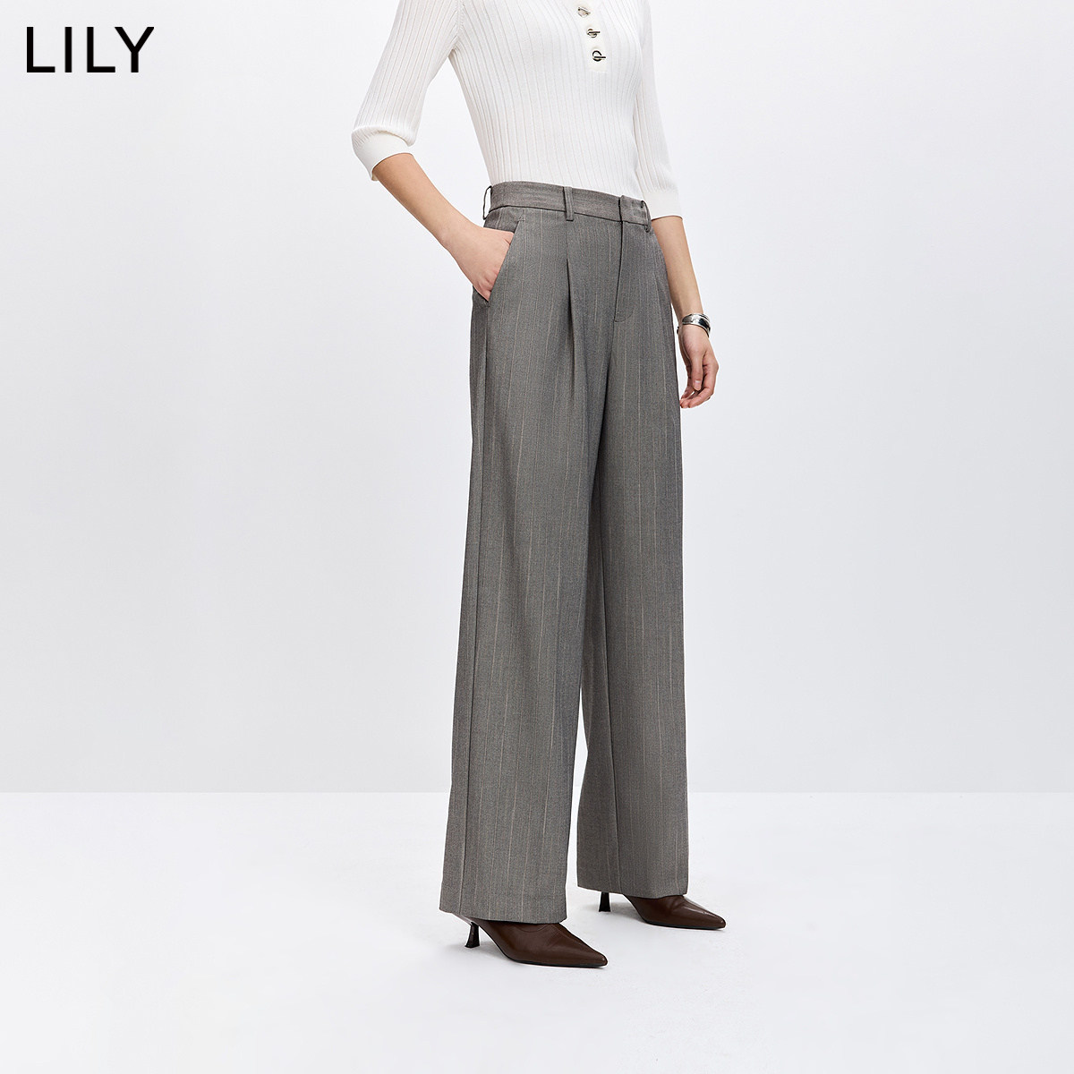 LILY2026春新款女装格雷系老钱风条纹气质通勤垂感直筒阔腿裤西裤