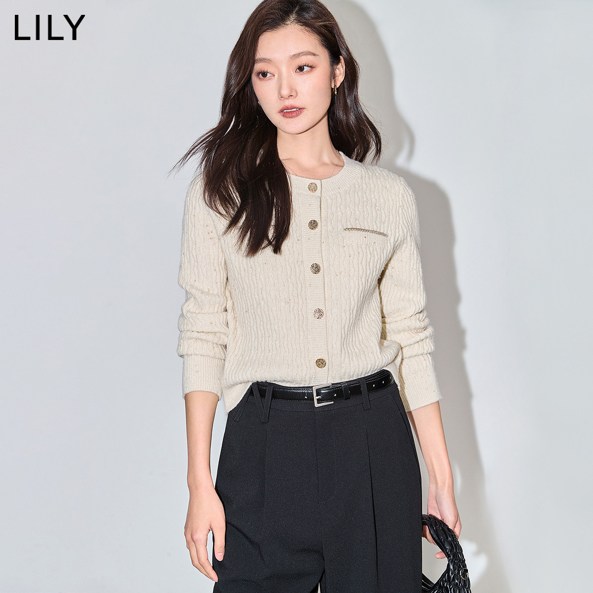 LILY2026秋新款女装小香风含绵羊毛都市通勤短款修身针织开衫外套