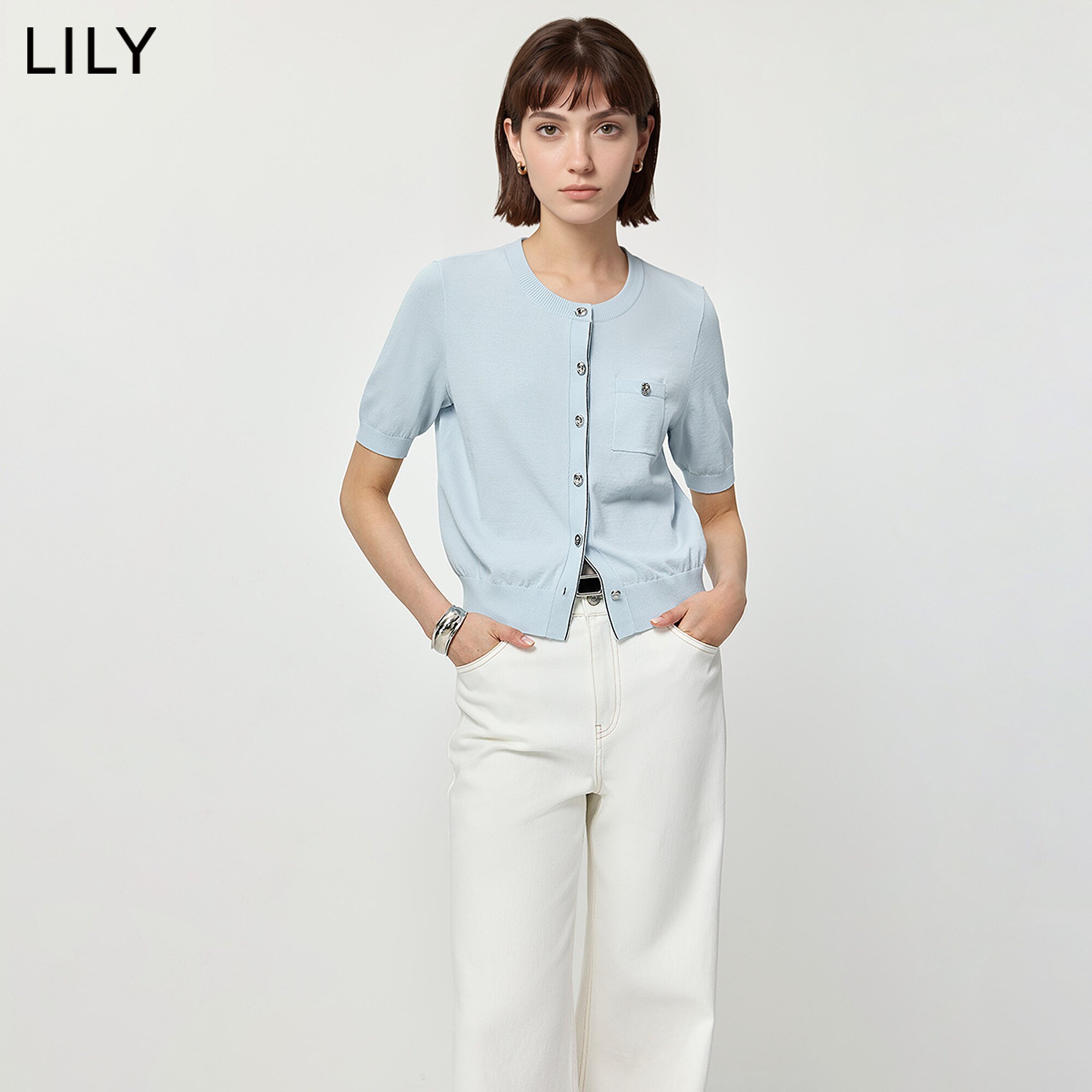 LILY夏季女撞色边短袖针织开衫